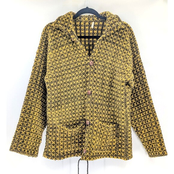 Ends Of The Earth 100% Wool Handmade in Ecuador Yellow Black Button Coat Size L - Picture 1 of 10